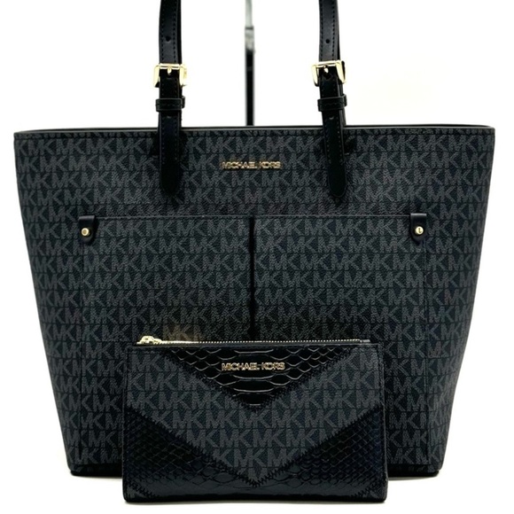 Michael Kors Jet Set Medium Pocket Tote Bag & Double Zip Wallet Black Multi - Picture 1 of 13